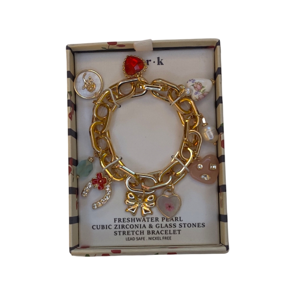 Piper K Freshwater Pearl Cubic Zirconia & Glass Stones Gold Stretch Bracelet